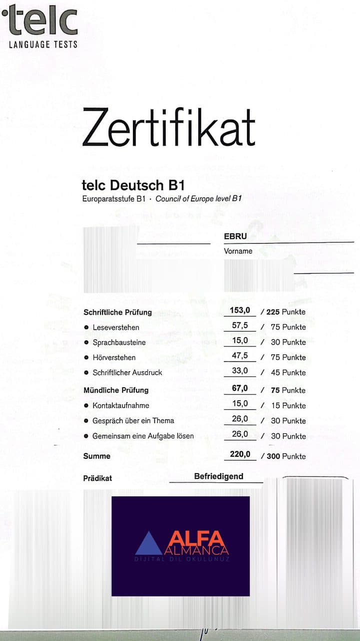 Alfa Almanca öğrenci başarı paylaşımı